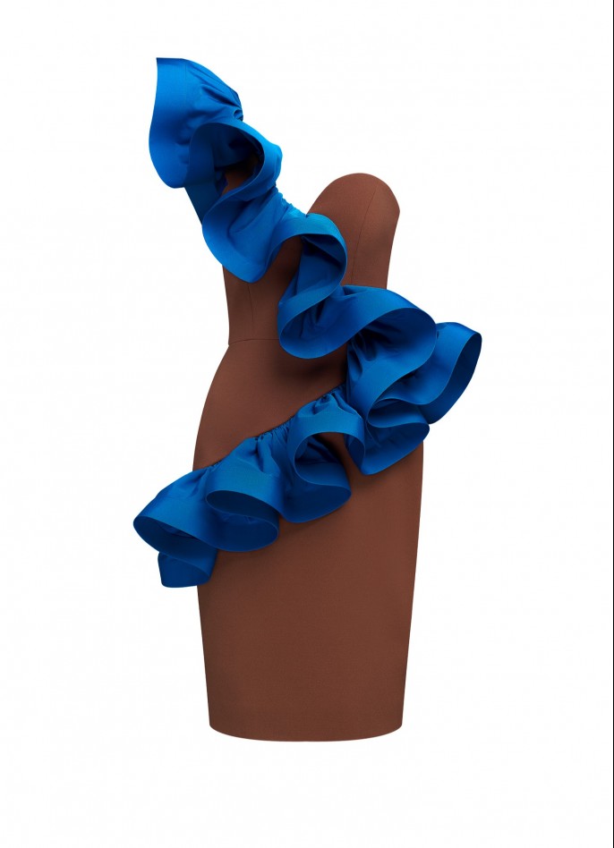 BROWN / BLUE GROSGRAIN CREPE-BLEND ONE-SHOULDER RUFFLE DRESS